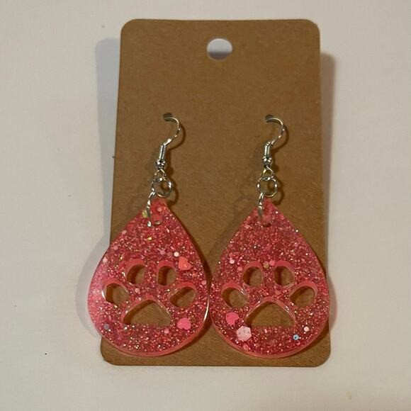 Handmade epoxy resin paw print earrings - bright pink chunky glitter - Picture 2 of 5